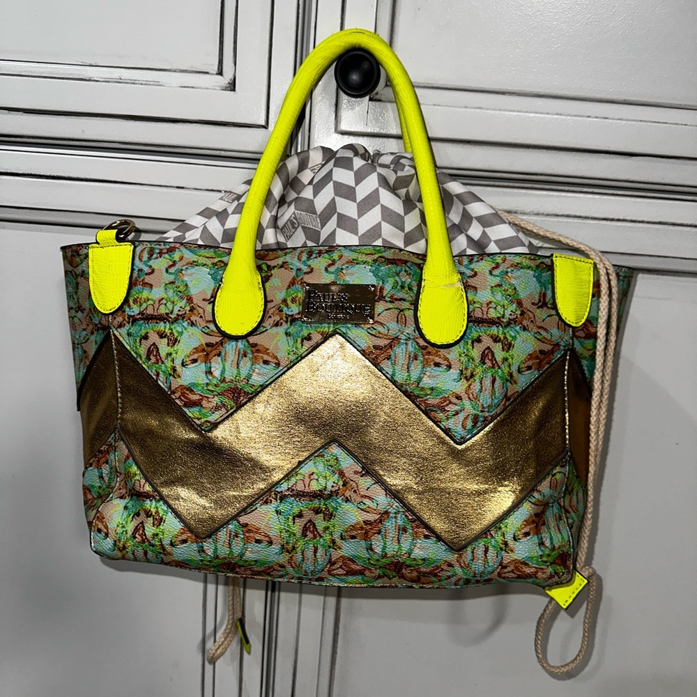 Paul’s Boutique neon yellow chevron reptile floral faux leather shoulder bag